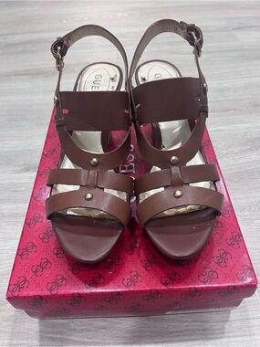 GUESS Brown Strappy Leather Wedge Sandals